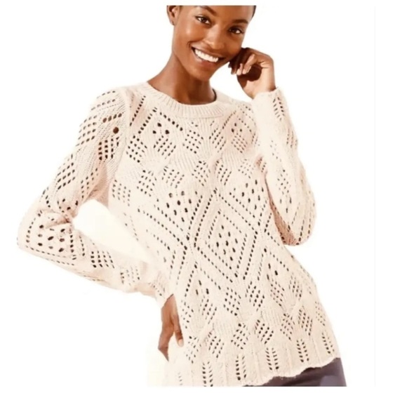 LOFT SMALL cream sweater Pointelle Knit Wool Blend white open knit long sleeve - Picture 1 of 7